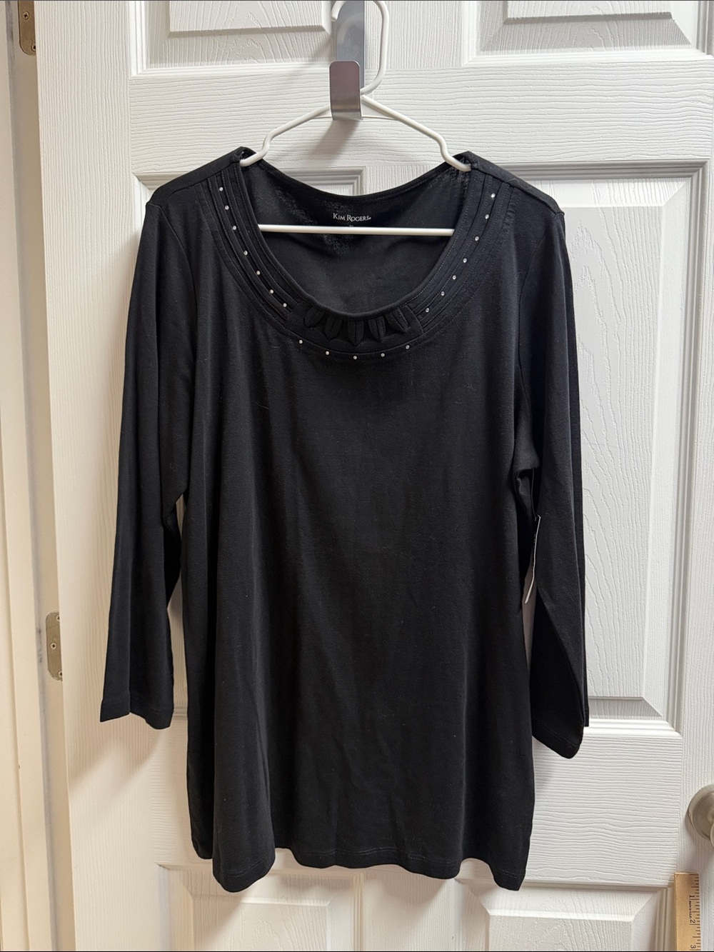 Kim Rogers Black 3/4 Sleeve Scoop Neck Top with Stud Detail